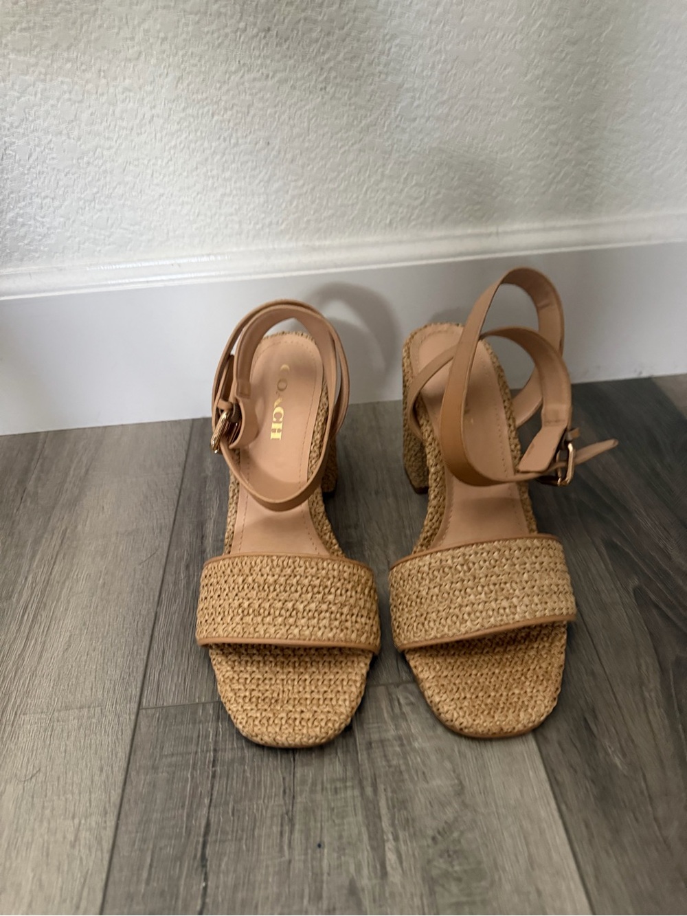 Coach Tan Braided Strap Block Heel Sandals